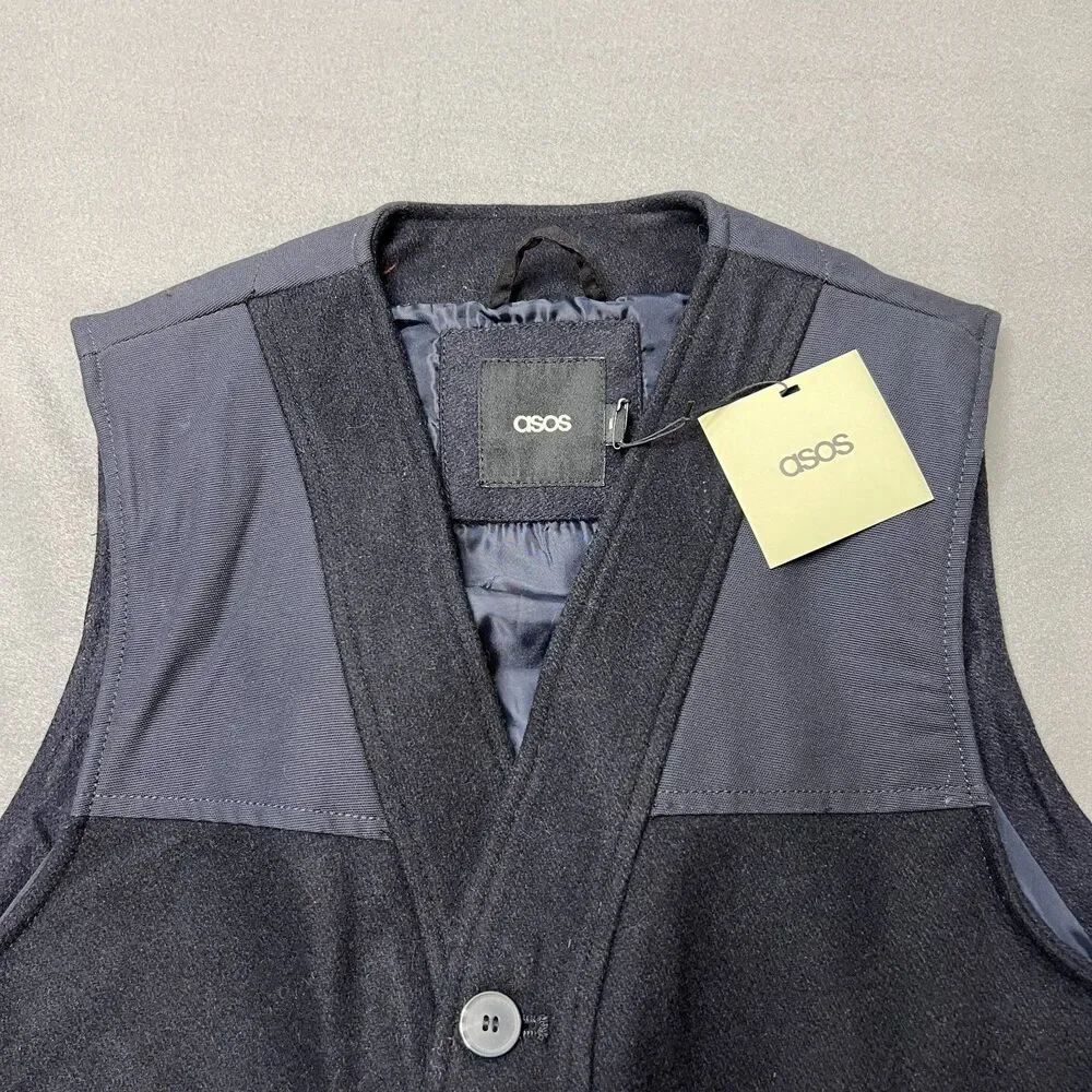ASOS Vest Men's Medium Black Wool Blend Sleeveless Classic Outdoor Button Front - Picture 6 of 11